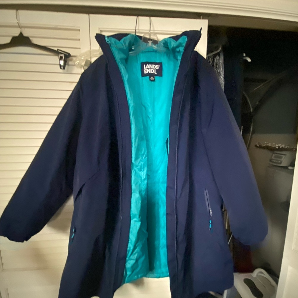 Lands' End Navy Blue Trench Coat with Teal Lining